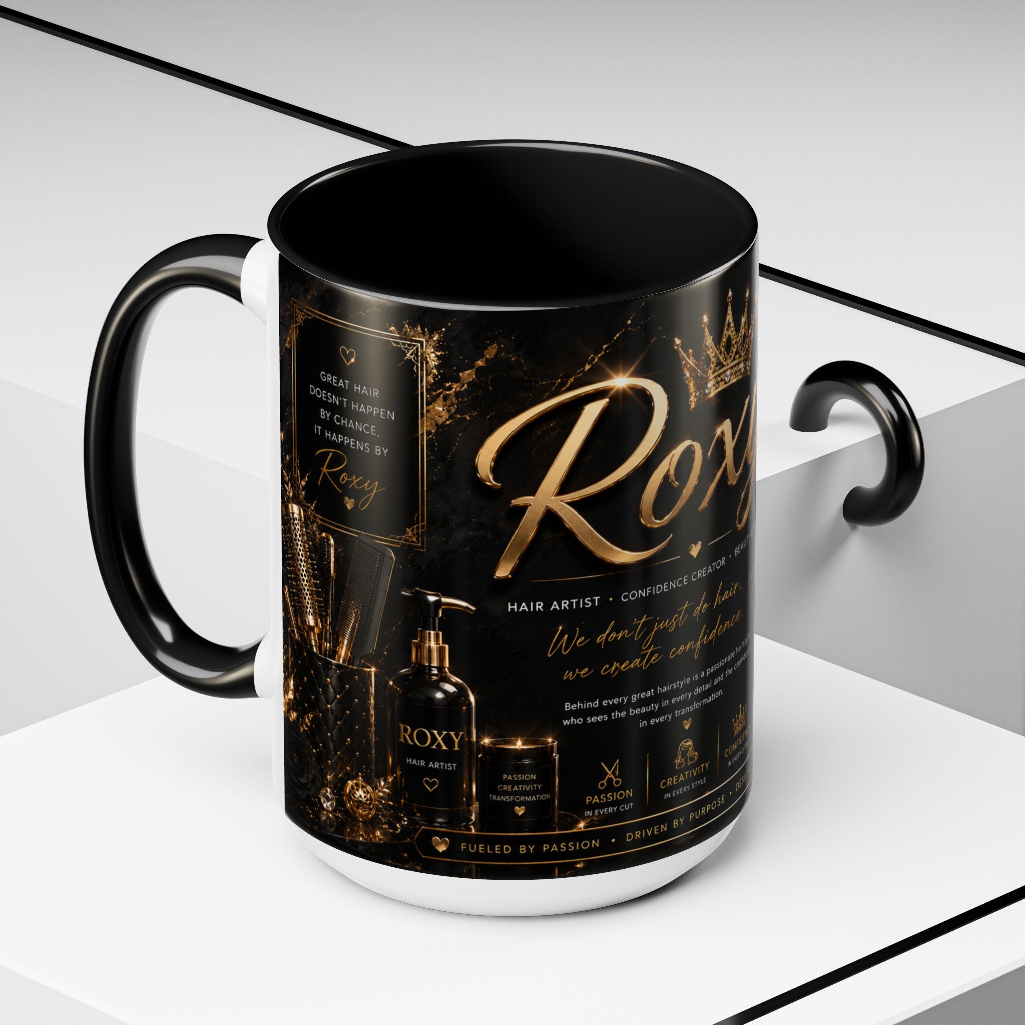Personalized 'Roxy' Crown Coffee Mug — Elegant Black Gold Portrait Accent Mug (11/15oz)