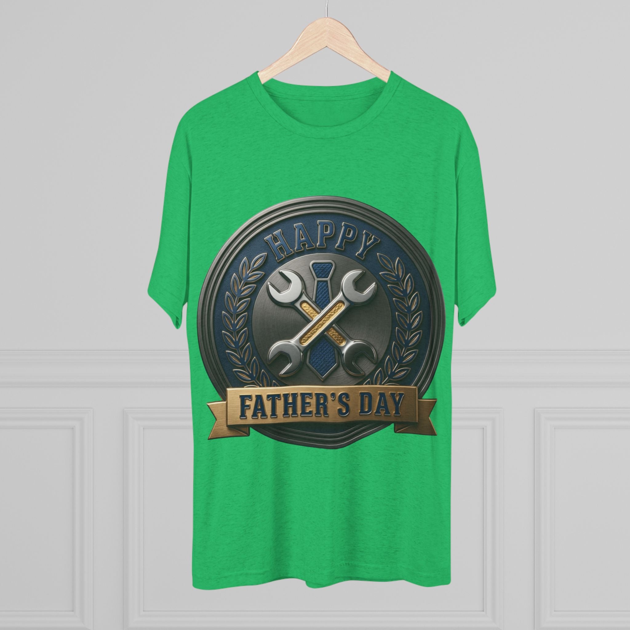 Father's Day Mechanics Badge Tee — Happy Father's Day Wrench & Hammer Crew Shirt