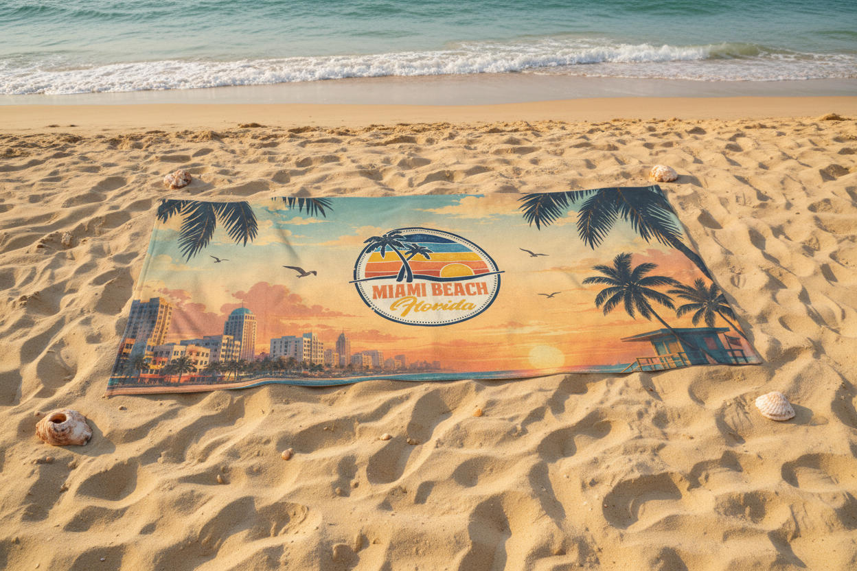 Miami Beach Florida Sunset Beach Towel — Retro Palm Tree Coastal Tote