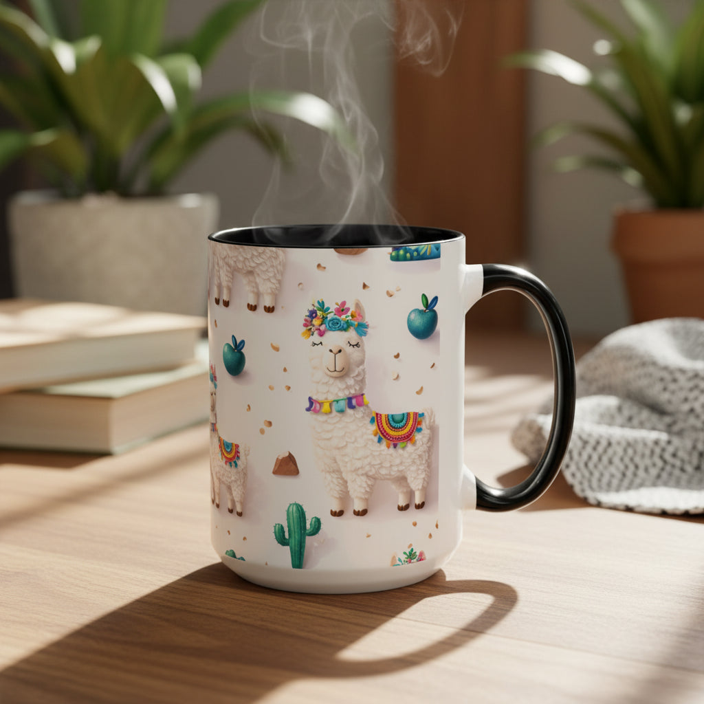 Cute Llama Pattern Accent Coffee Mug (11/15oz) – Colorful Fiesta Alpaca Design