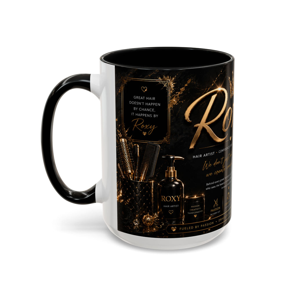 Personalized 'Roxy' Crown Coffee Mug — Elegant Black Gold Portrait Accent Mug (11/15oz)