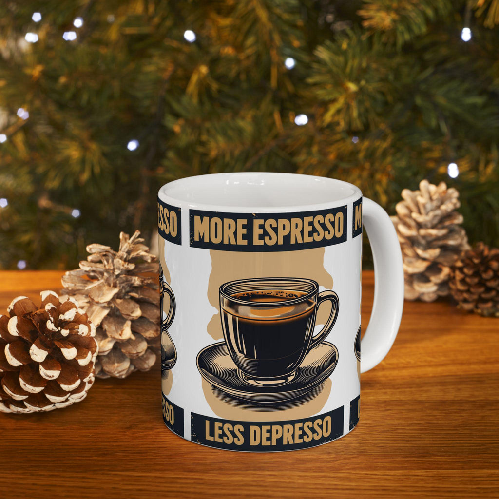 Taza More Espresso Less Depresso - Regalo Divertido para Amantes del Café, Mug de Cerámica Sarcástica, Regalo de Salud Mental