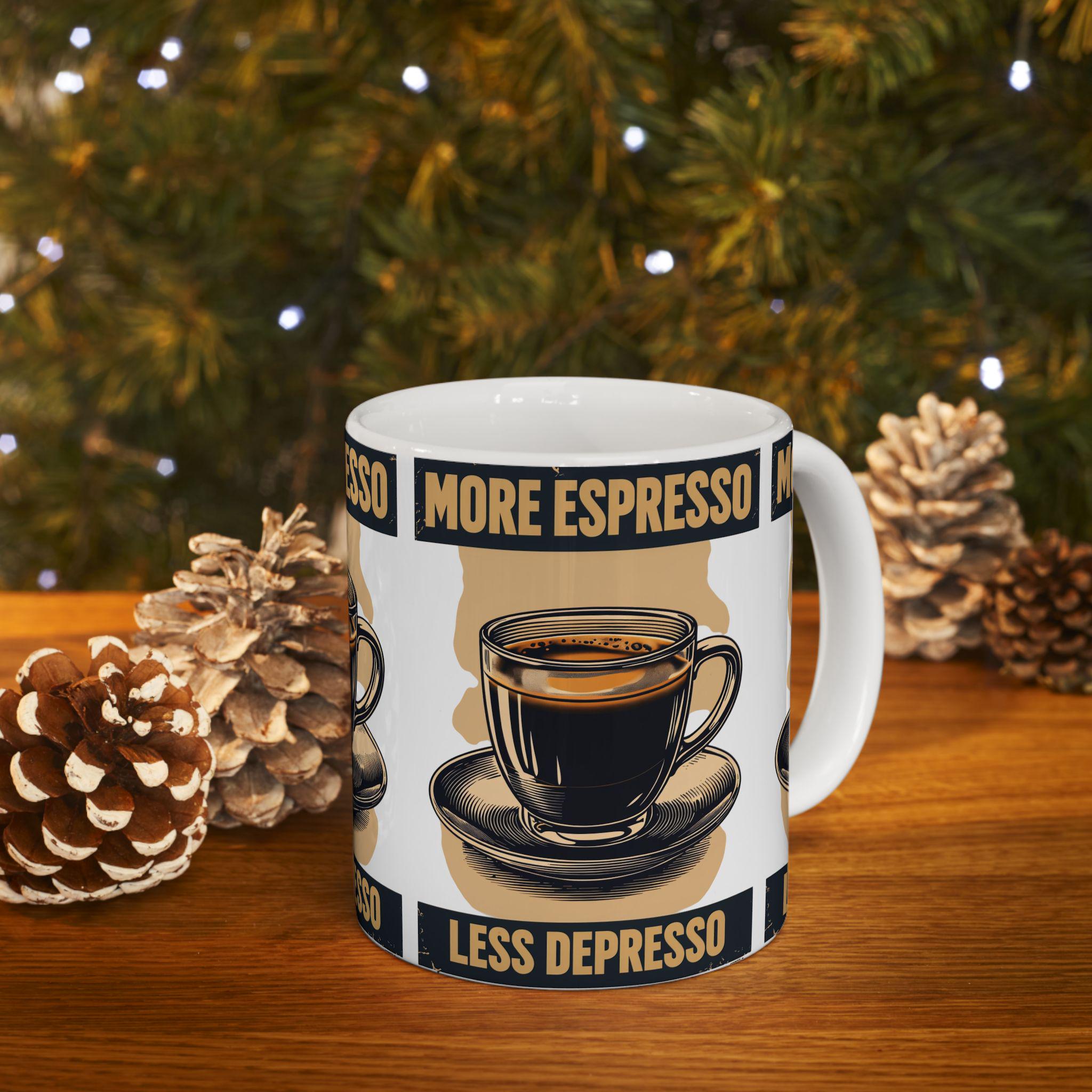 Taza More Espresso Less Depresso - Regalo Divertido para Amantes del Café, Mug de Cerámica Sarcástica, Regalo de Salud Mental