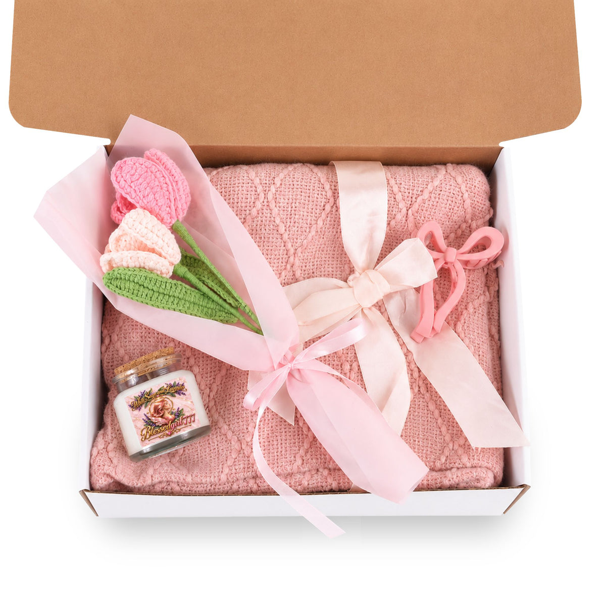 Blush & Bloom Gift Set — Candle, Crochet Bouquet, Bow Clip & Blanket