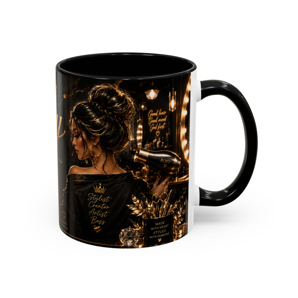 Personalized 'Roxy' Crown Coffee Mug — Elegant Black Gold Portrait Accent Mug (11/15oz)