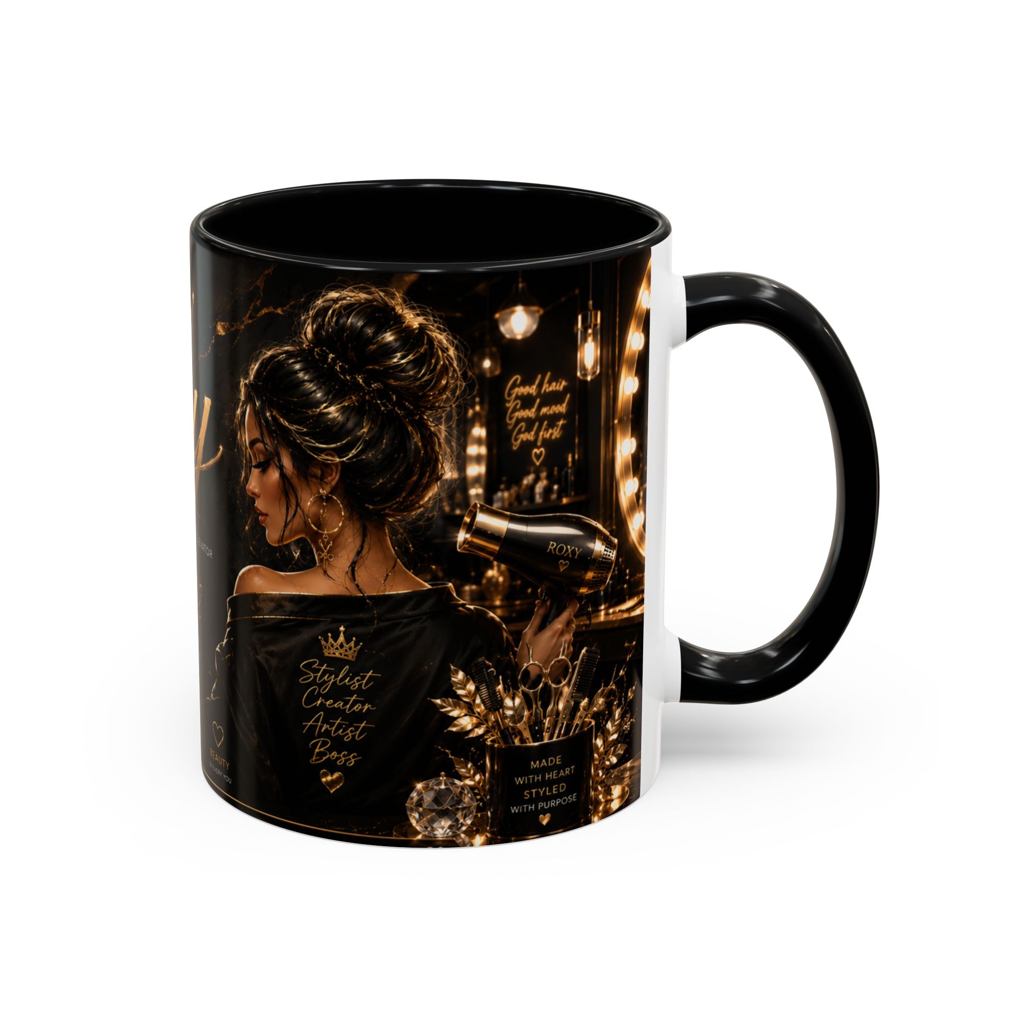 Personalized 'Roxy' Crown Coffee Mug — Elegant Black Gold Portrait Accent Mug (11/15oz)