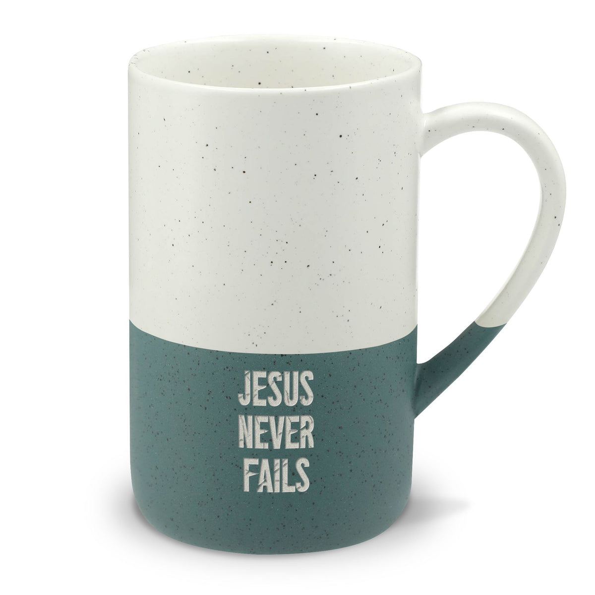 Speckled Ceramic Mug (13oz) – "Jesus Never Fails" Engraved Inspirational Coffee Cup