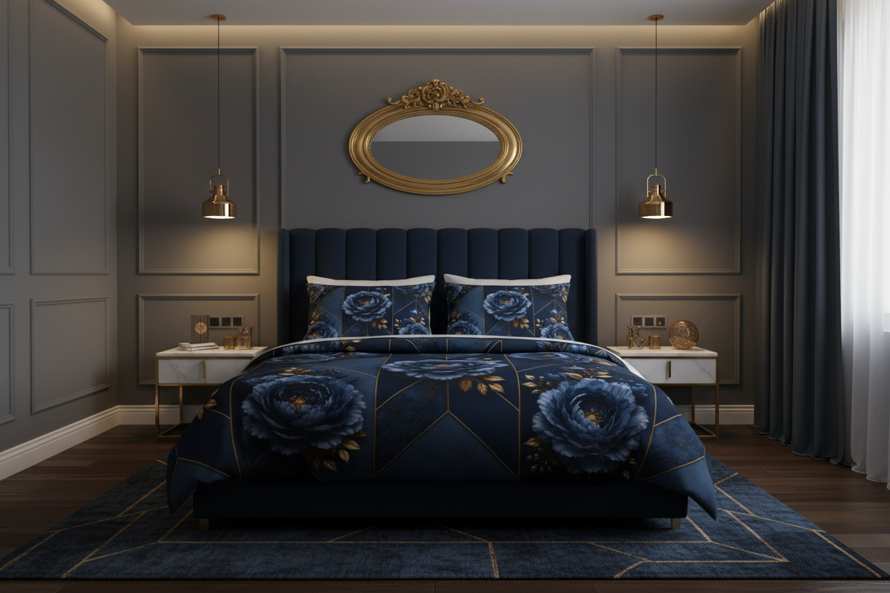 Blue Floral Cotton Bed Set – Elegant Navy Peony Duvet Cover & Pillowcases