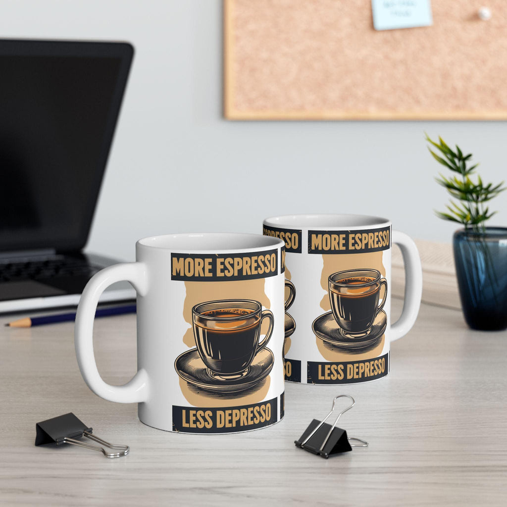 Taza More Espresso Less Depresso - Regalo Divertido para Amantes del Café, Mug de Cerámica Sarcástica, Regalo de Salud Mental