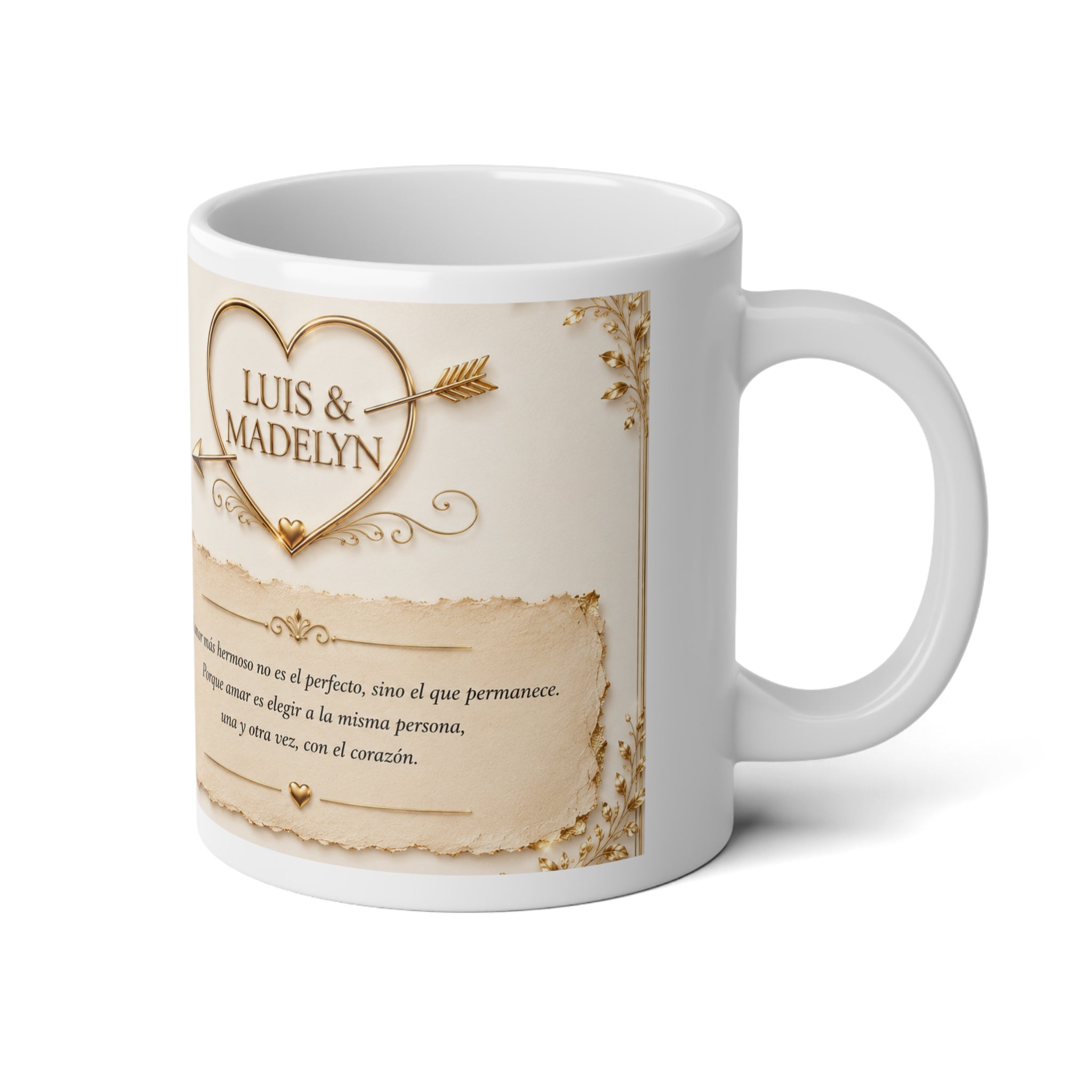 Personalized Vintage Photo 20oz Mug — Custom Names & Spanish Love Poem