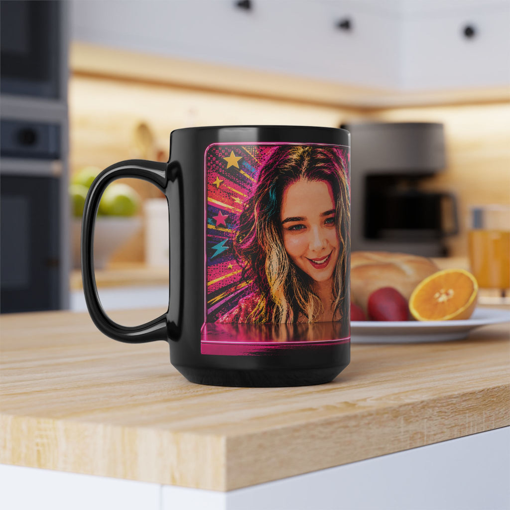 Personalized Neon Pop Photo Mug — Custom Name 'Rachel' 15oz Black Ceramic