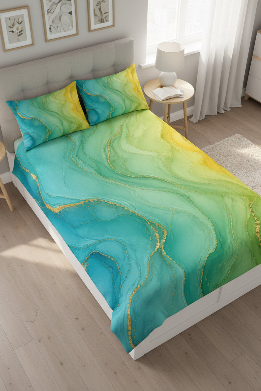 Aqua Sunrise Cotton Bed Set - Ocean Teal & Sunshine Yellow Marble Duvet Cover
