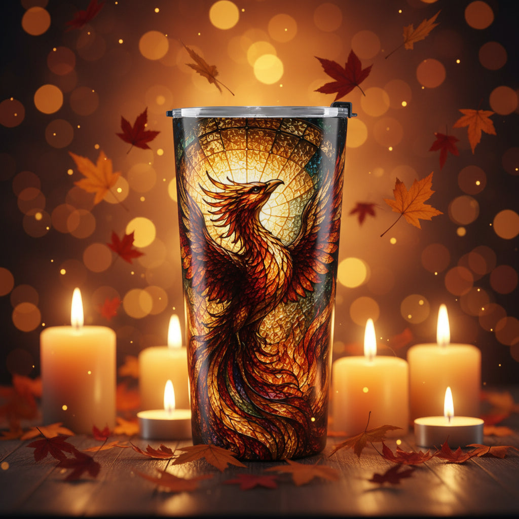 Rising Phoenix Faith Tumbler — 20oz Stained Glass Scripture for Overcomers 🔥