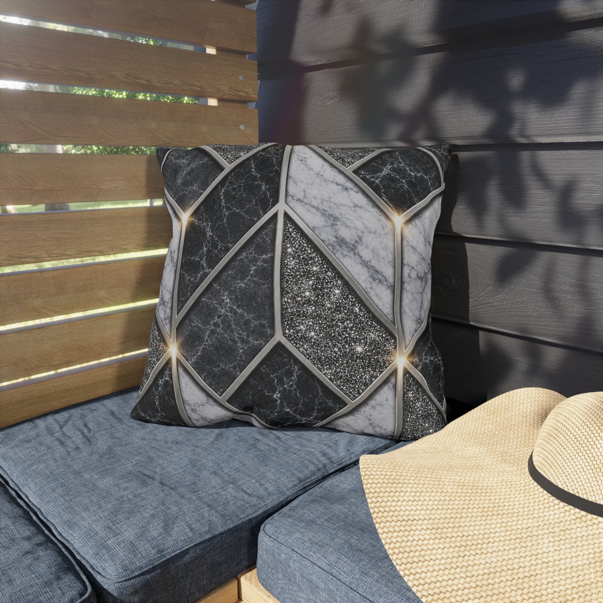 Geometric Marble Outdoor Pillow — Gray Stone Mosaic Accent Cushion