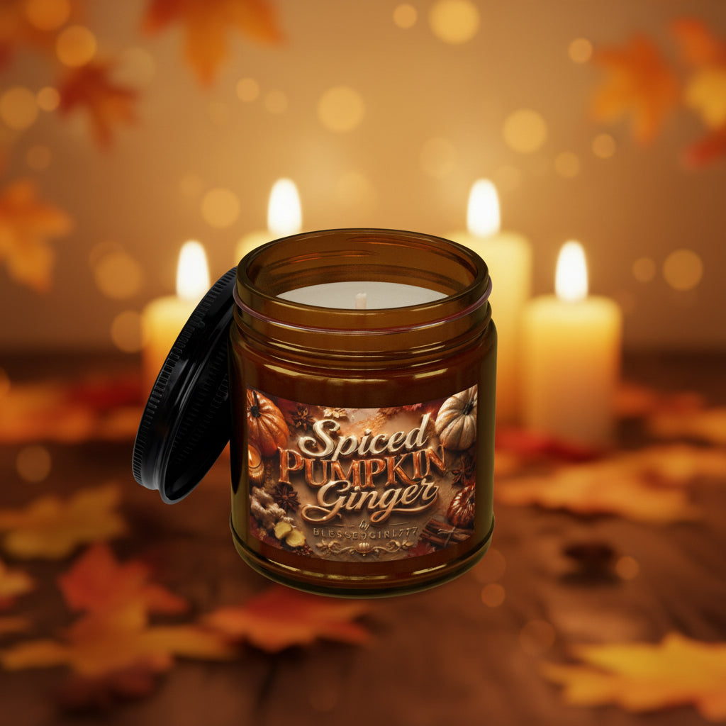 Spiced Pumpkin Ginger Soy Candle — 4oz & 9oz Amber Jar with Black Lid