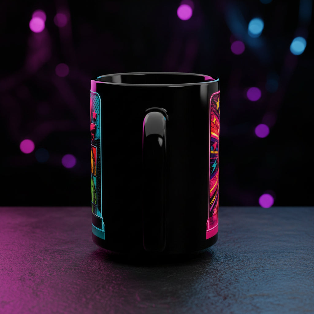 Personalized Neon Pop Photo Mug — Custom Name 'Rachel' 15oz Black Ceramic