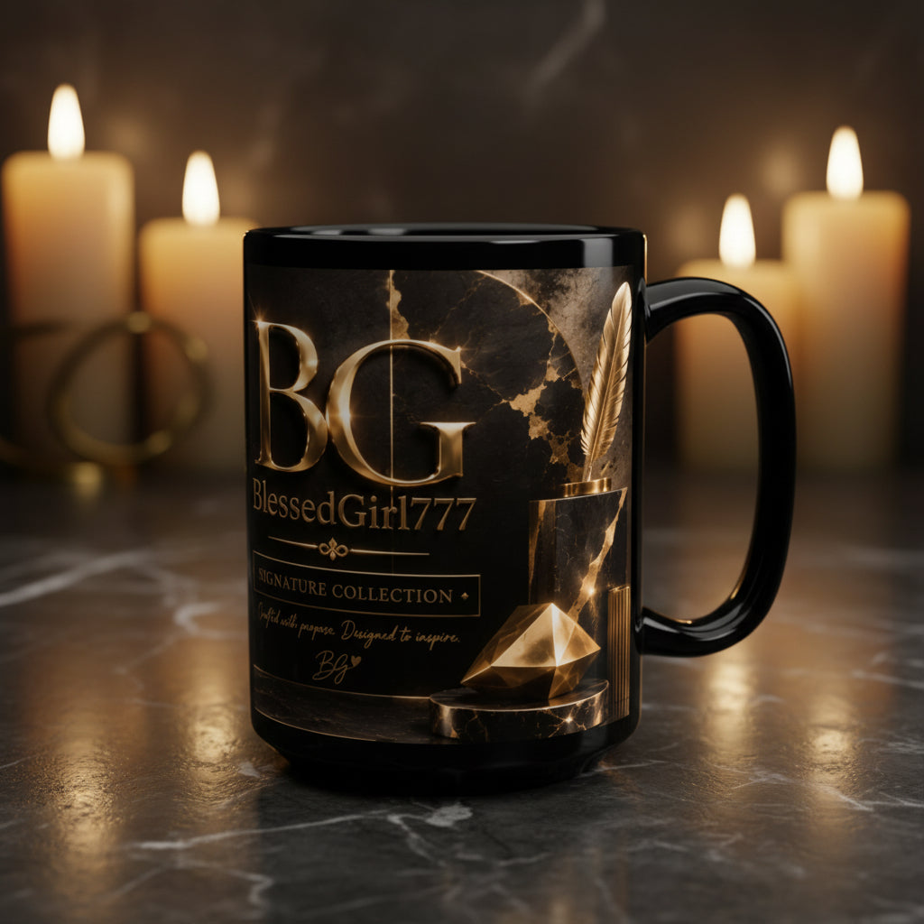 BlessedGirl777 Gold Emblem 15oz Black Mug