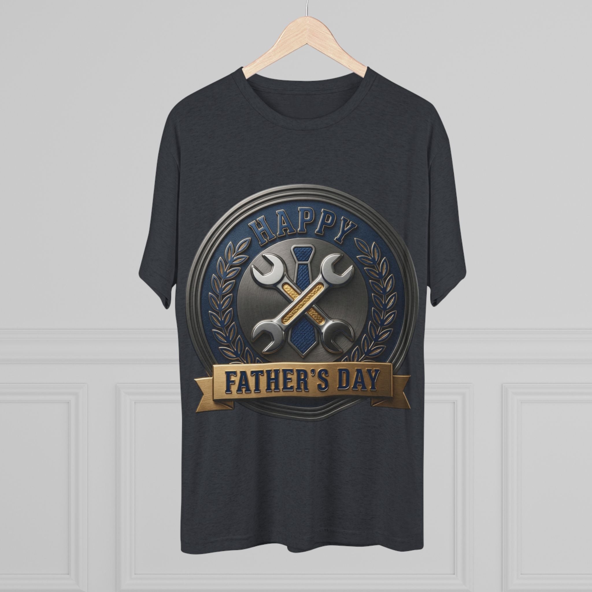 Father's Day Mechanics Badge Tee — Happy Father's Day Wrench & Hammer Crew Shirt