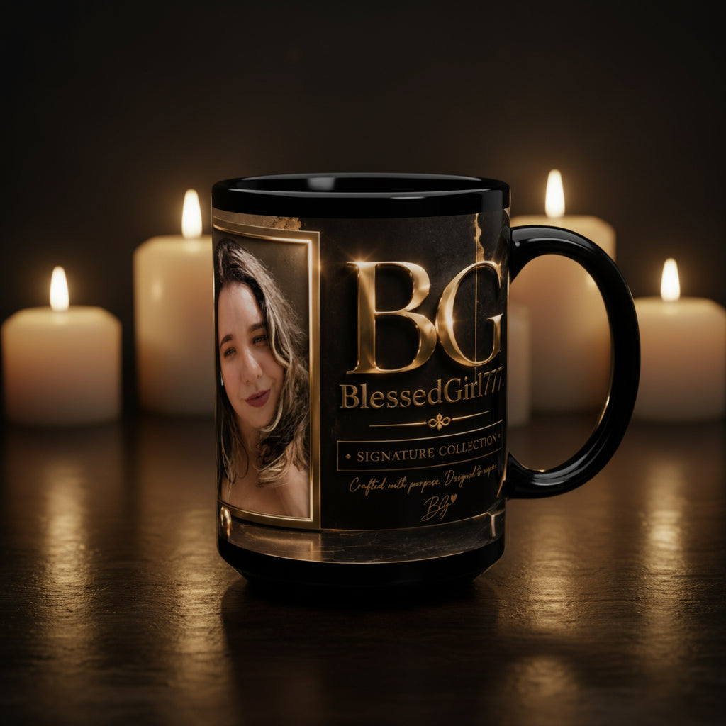 BlessedGirl777 Gold Emblem 15oz Black Mug