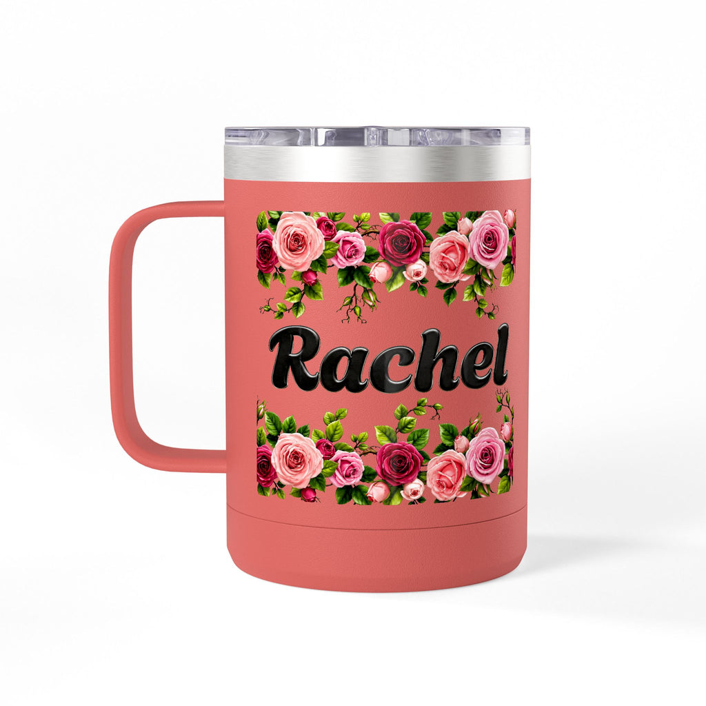 Personalized Rachel Floral 15oz Travel Mug — Insulated Coffee Tumbler