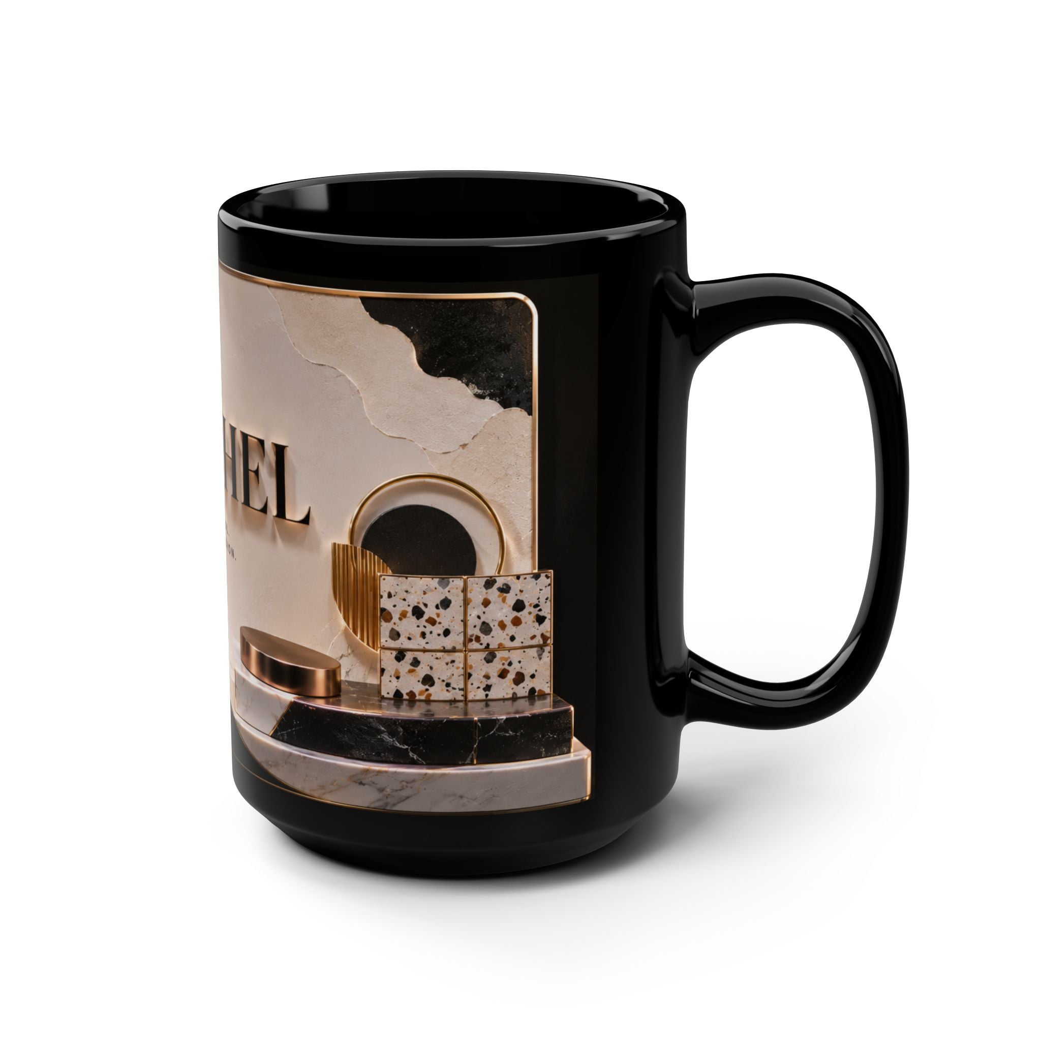Personalized Black 15oz Mug — 'Rachel' Gold Monogram, Elegant Office Gift
