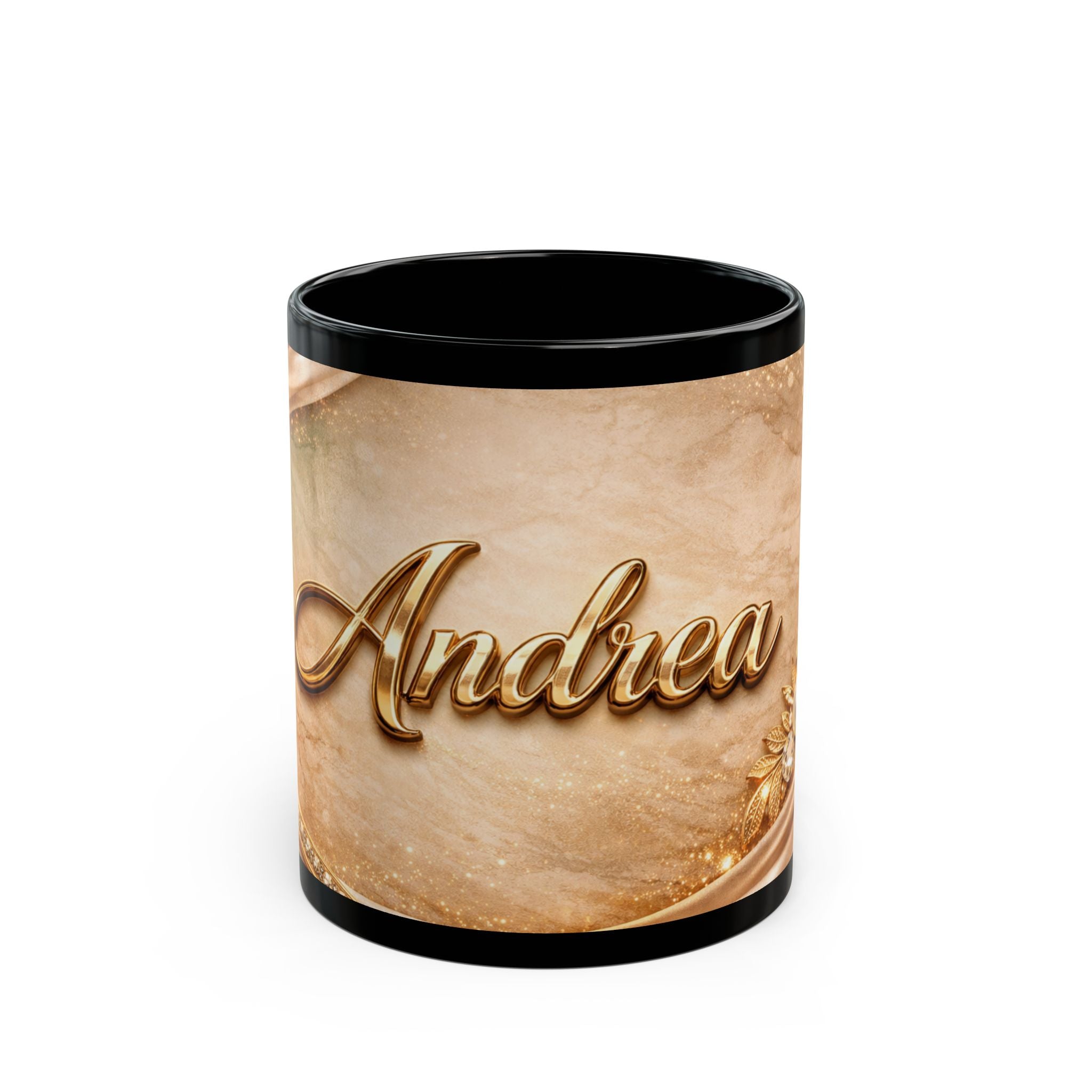 Personalized Gold Name Mug — Elegant Andrea Black Ceramic Coffee Cup (11oz & 15oz)