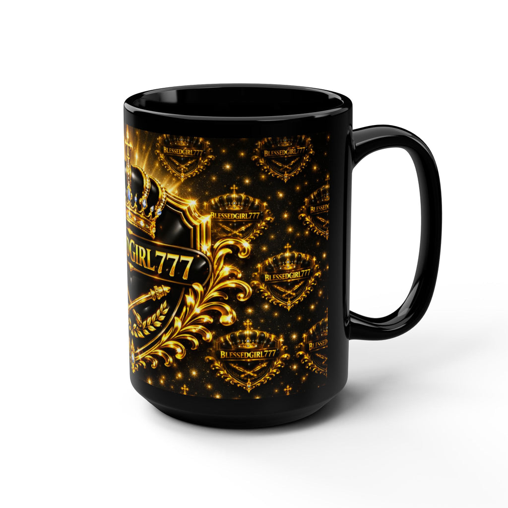 BlessedGirl777 Gold Crown Black Mug — 15oz Inspirational Coffee Cup