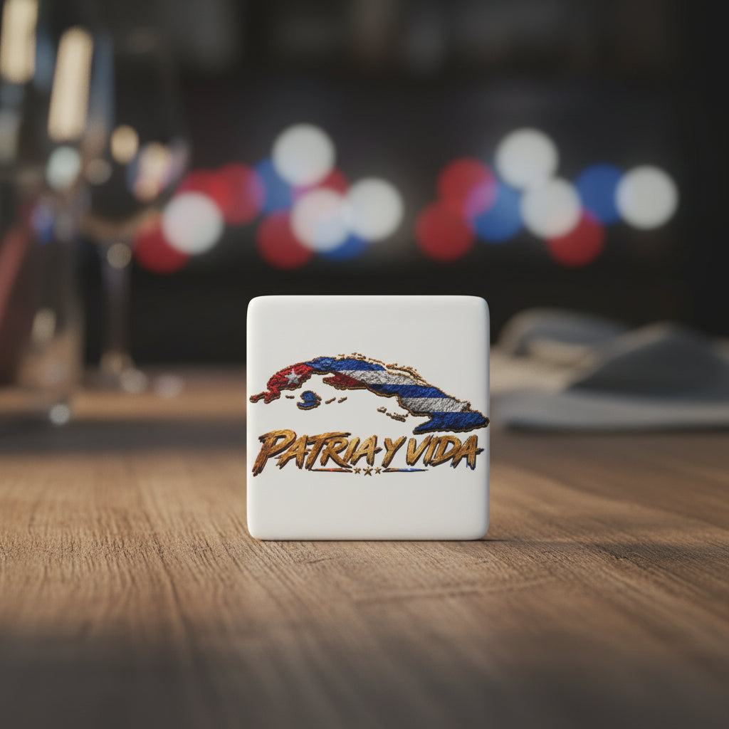 Cuba Flag Map Porcelain Magnet — "Patria y Vida" Square Fridge Magnet