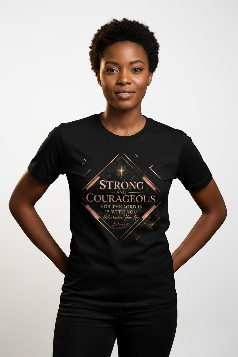 Be Strong and Courageous Christian T-Shirt — Inspirational Scripture Tee (Joshua 1:9)