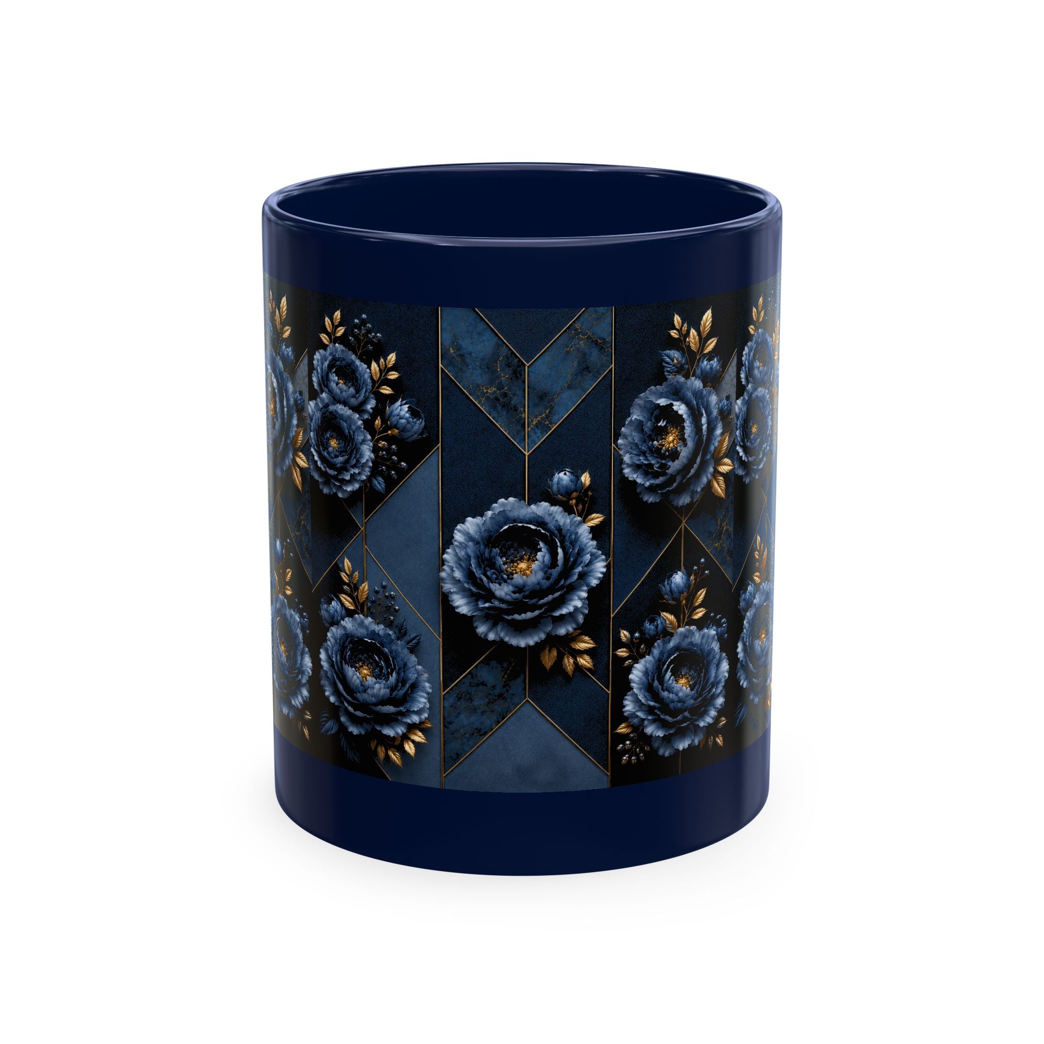 Navy Blue Floral Ceramic Mug — Elegant Rose Pattern Coffee Cup