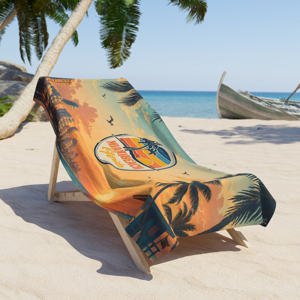 Miami Beach Florida Sunset Beach Towel — Retro Palm Tree Coastal Tote