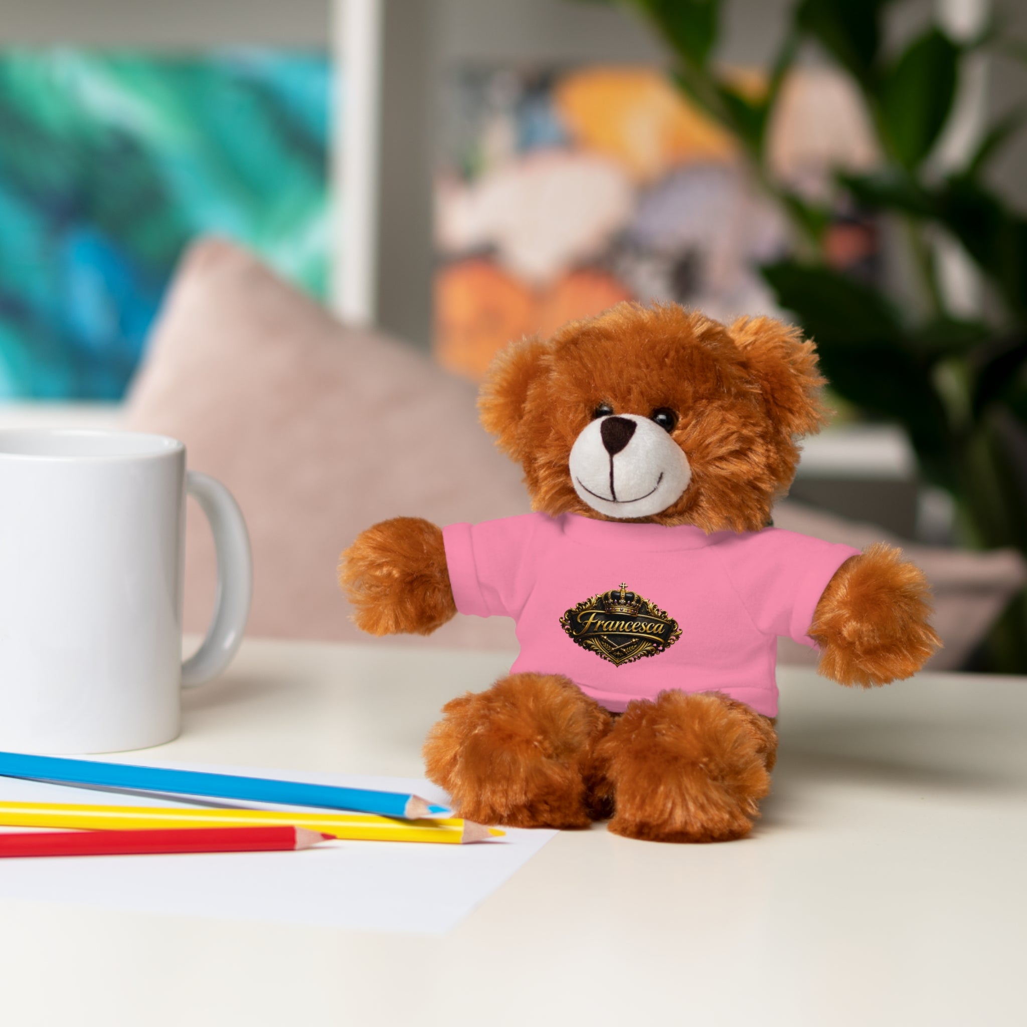 Personalized Teddy Bear with Pink Tee — Custom Name "Francesca" Plush Gift