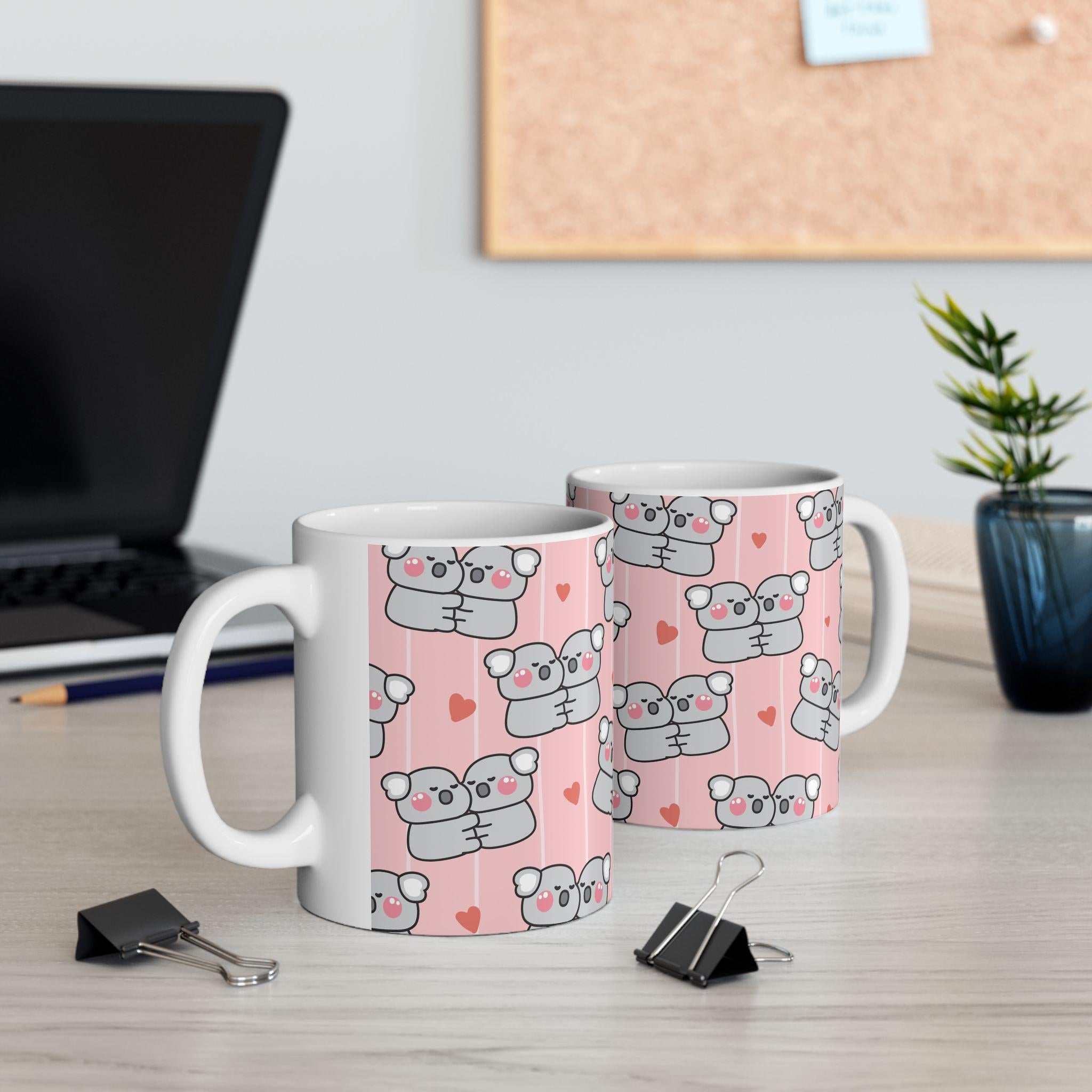Cute Koala Love Ceramic Mug | Adorable Koalas with Hearts Pink Background, Koala Lover Gift, Valentine's Coffee Cup, Cute Animal Mug for Her