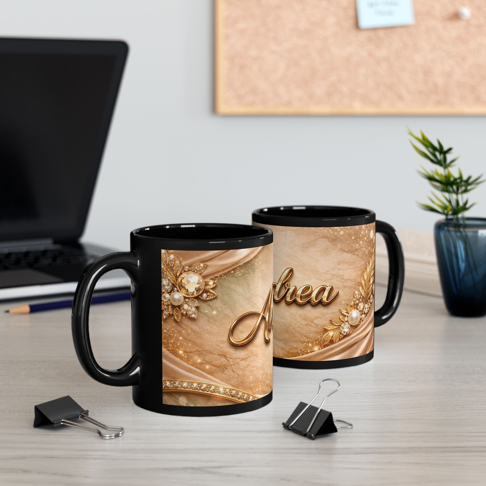 Personalized Gold Name Mug — Elegant Andrea Black Ceramic Coffee Cup (11oz & 15oz)