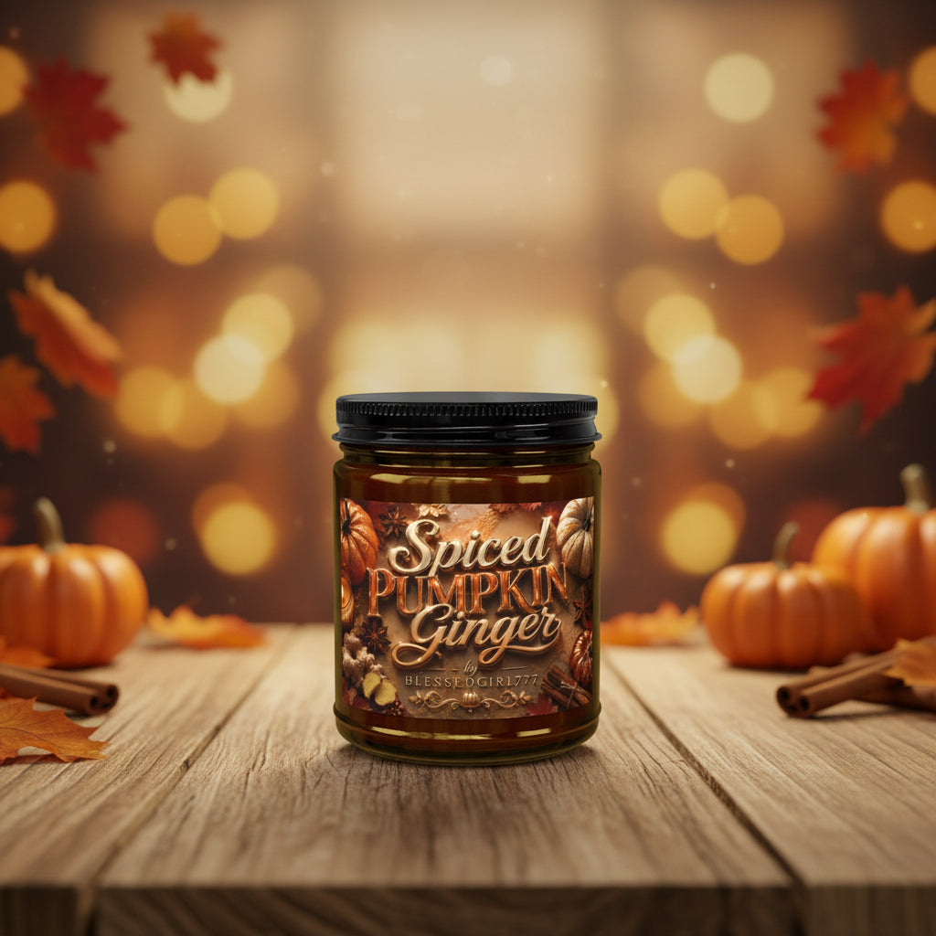 Spiced Pumpkin Ginger Soy Candle — 4oz & 9oz Amber Jar with Black Lid