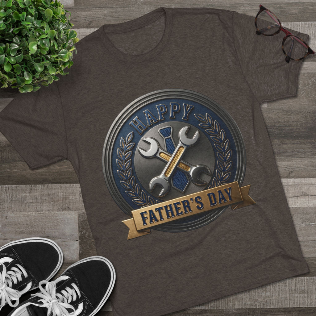 Father's Day Mechanics Badge Tee — Happy Father's Day Wrench & Hammer Crew Shirt