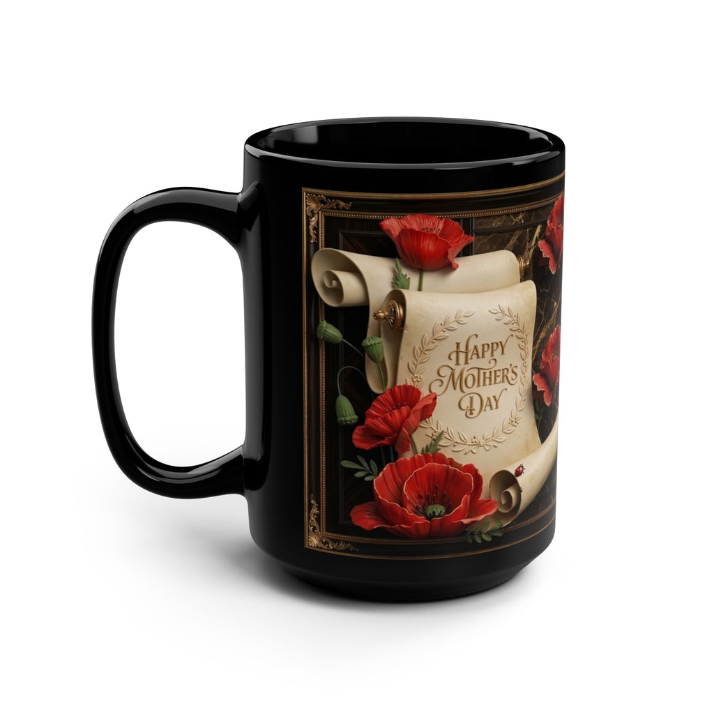Red Poppy Floral Scroll Mug | Black 15oz