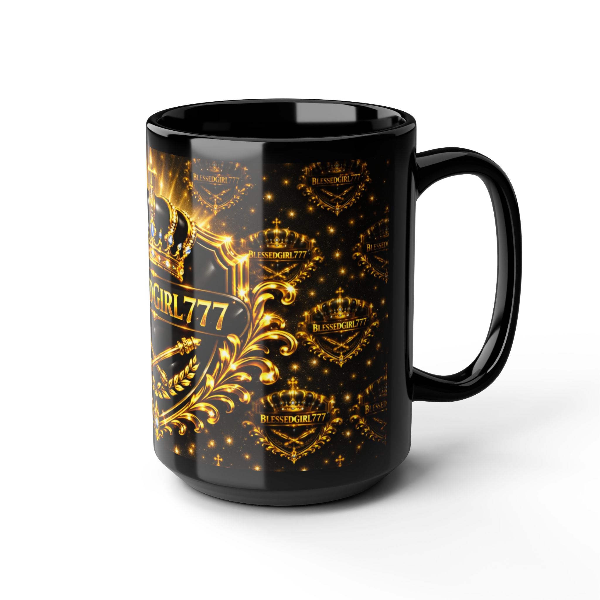 BlessedGirl777 Gold Crown Black Mug — 15oz Inspirational Coffee Cup