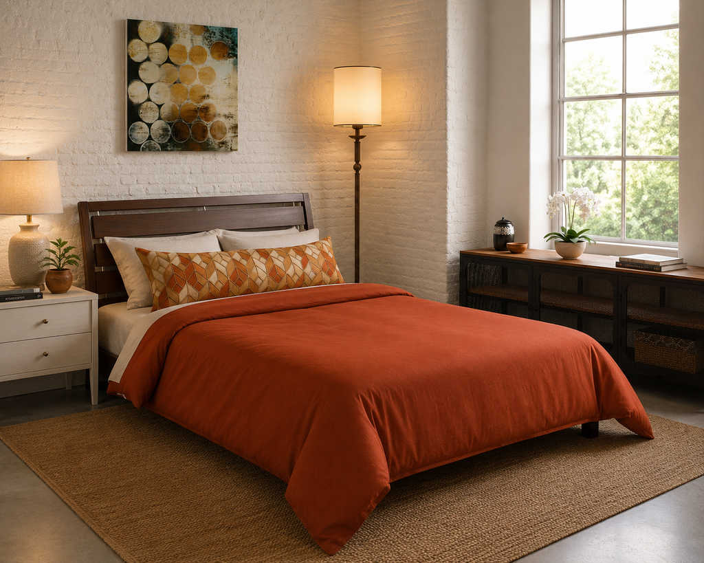 Autumn Herringbone Body Pillow — Rustic Orange Geometric Lumbar