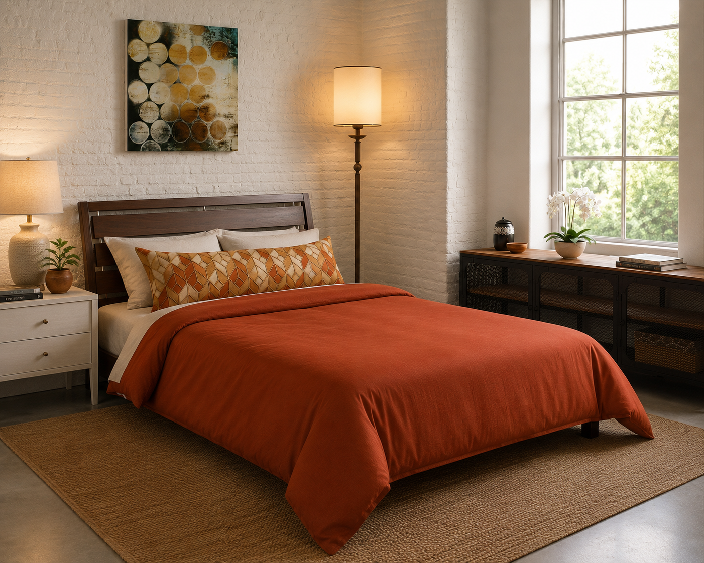 Autumn Herringbone Body Pillow — Rustic Orange Geometric Lumbar