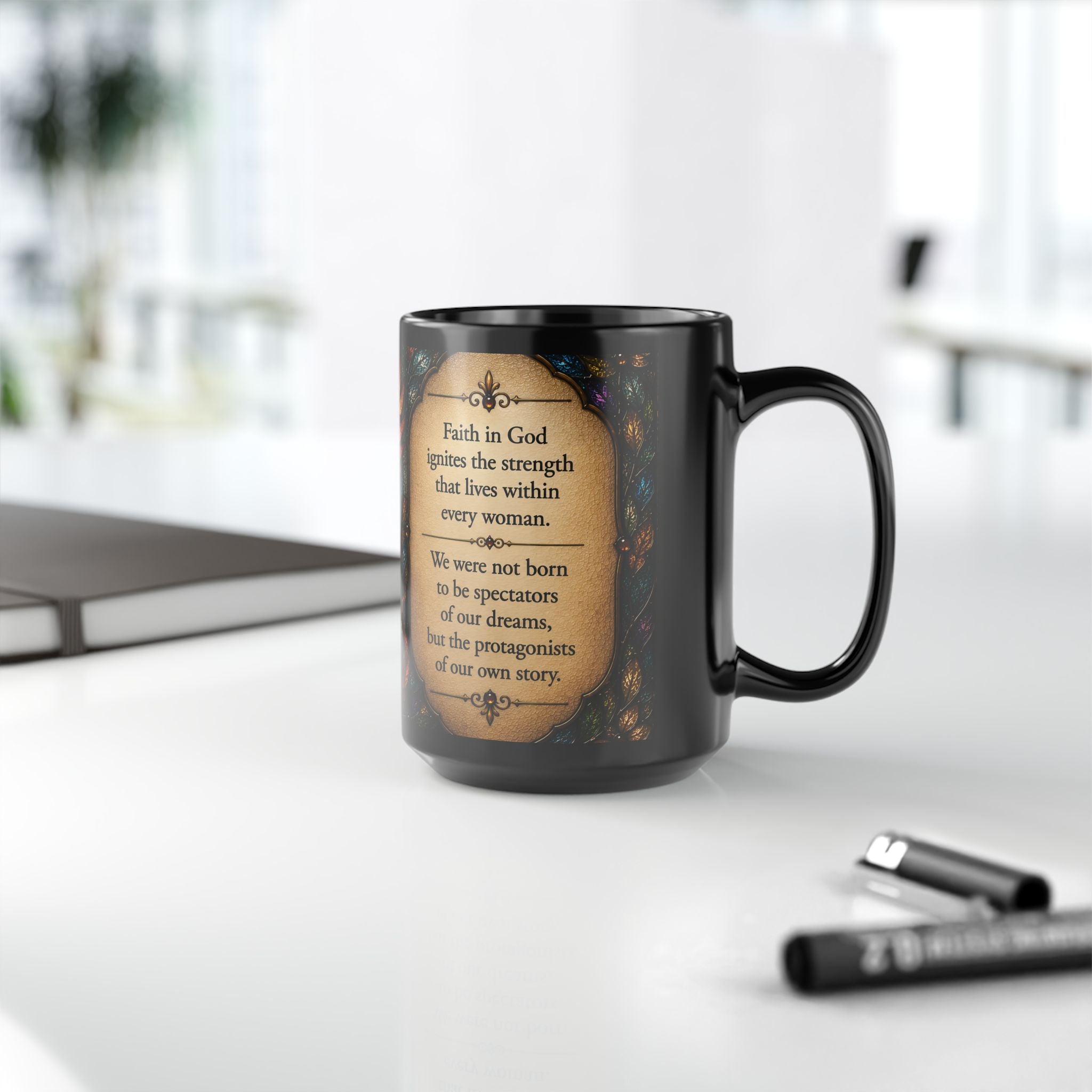 Rising Phoenix Faith Mug — Stained Glass 15oz Black Ceramic ✨