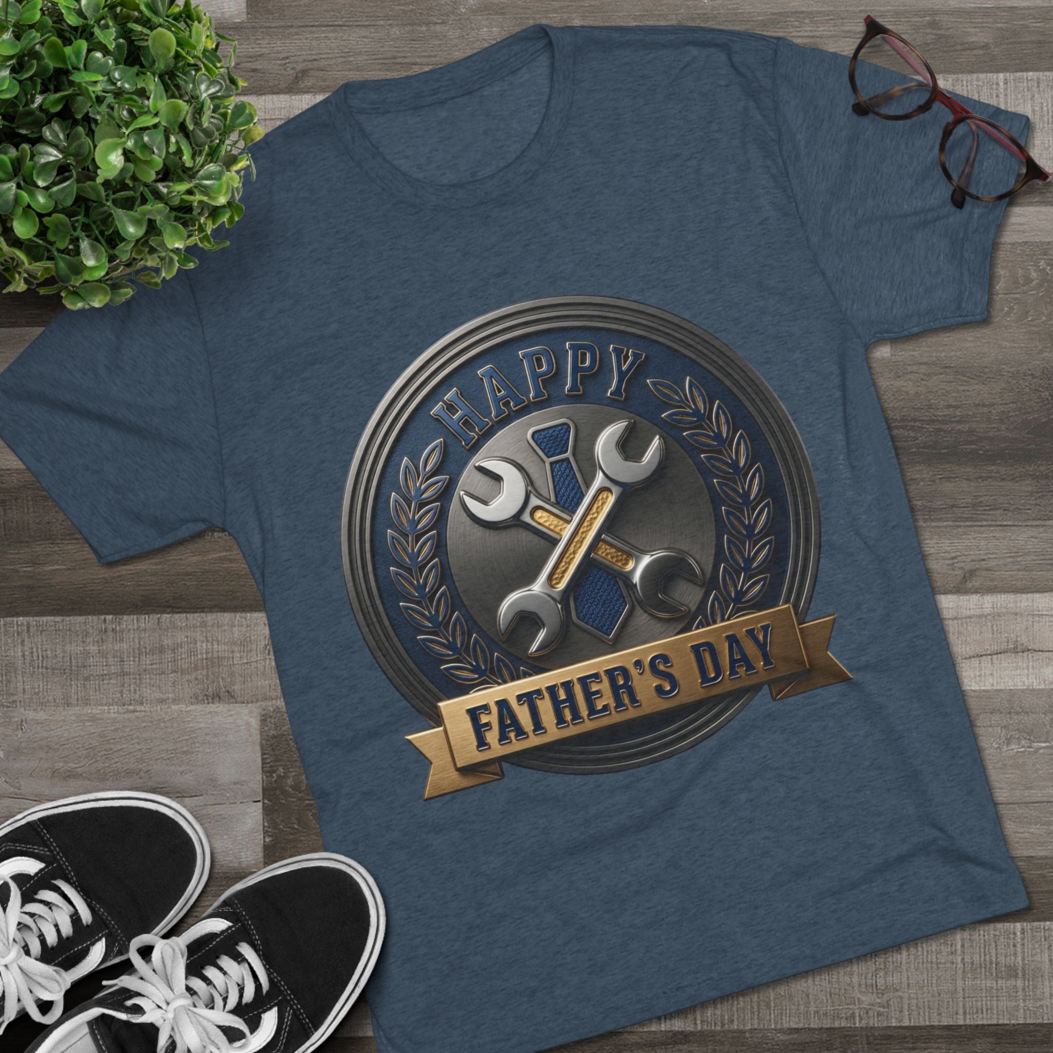 Father's Day Mechanics Badge Tee — Happy Father's Day Wrench & Hammer Crew Shirt