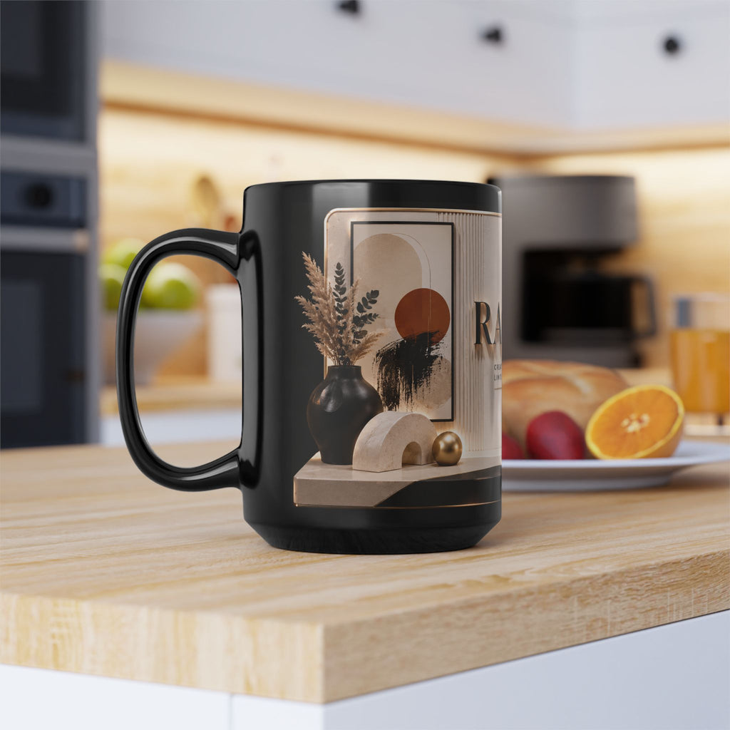 Personalized Black 15oz Mug — 'Rachel' Gold Monogram, Elegant Office Gift