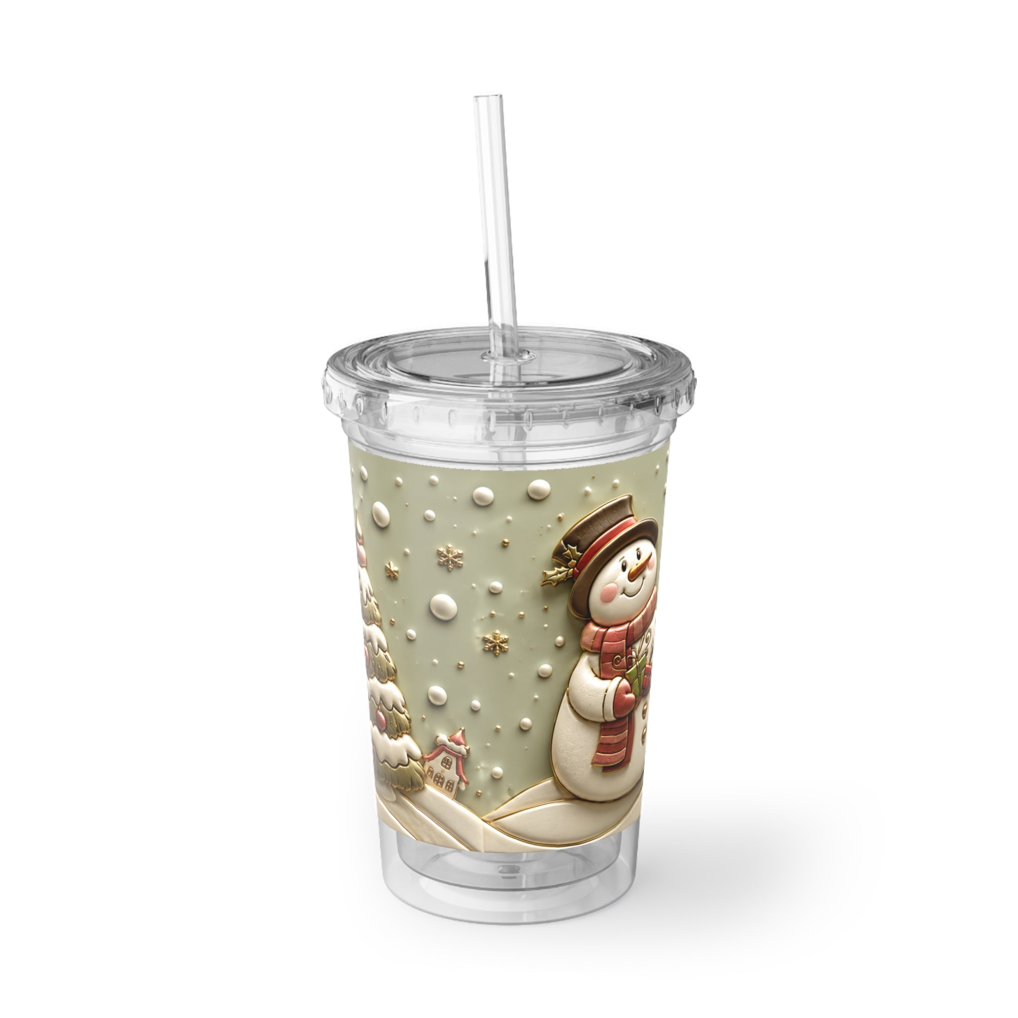 Seasons Greetings Snowman Acrylic Cup | Holiday Winter Scene