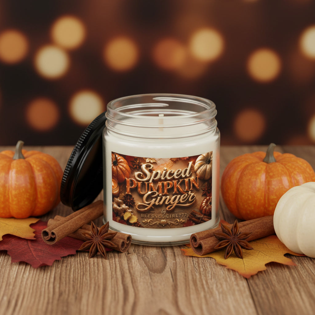 Spiced Pumpkin Ginger Soy Candle — 4oz & 9oz Amber Jar with Black Lid