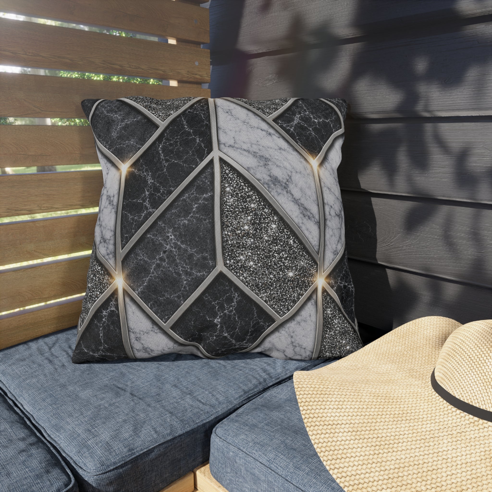 Geometric Marble Outdoor Pillow — Gray Stone Mosaic Accent Cushion