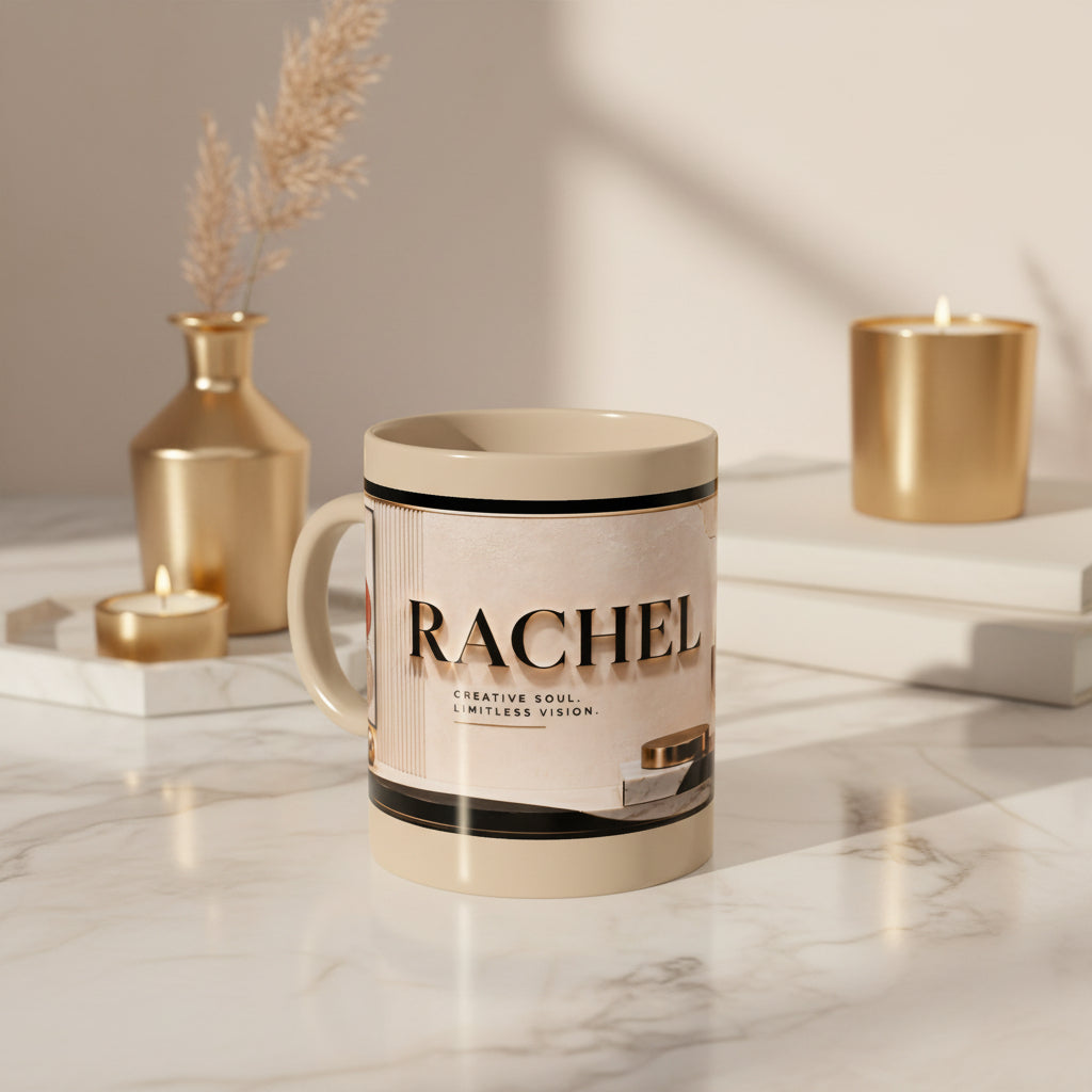 Personalized Name Ceramic Mug — Neutral Minimalist 'Rachel' Design (Customizable Gift)