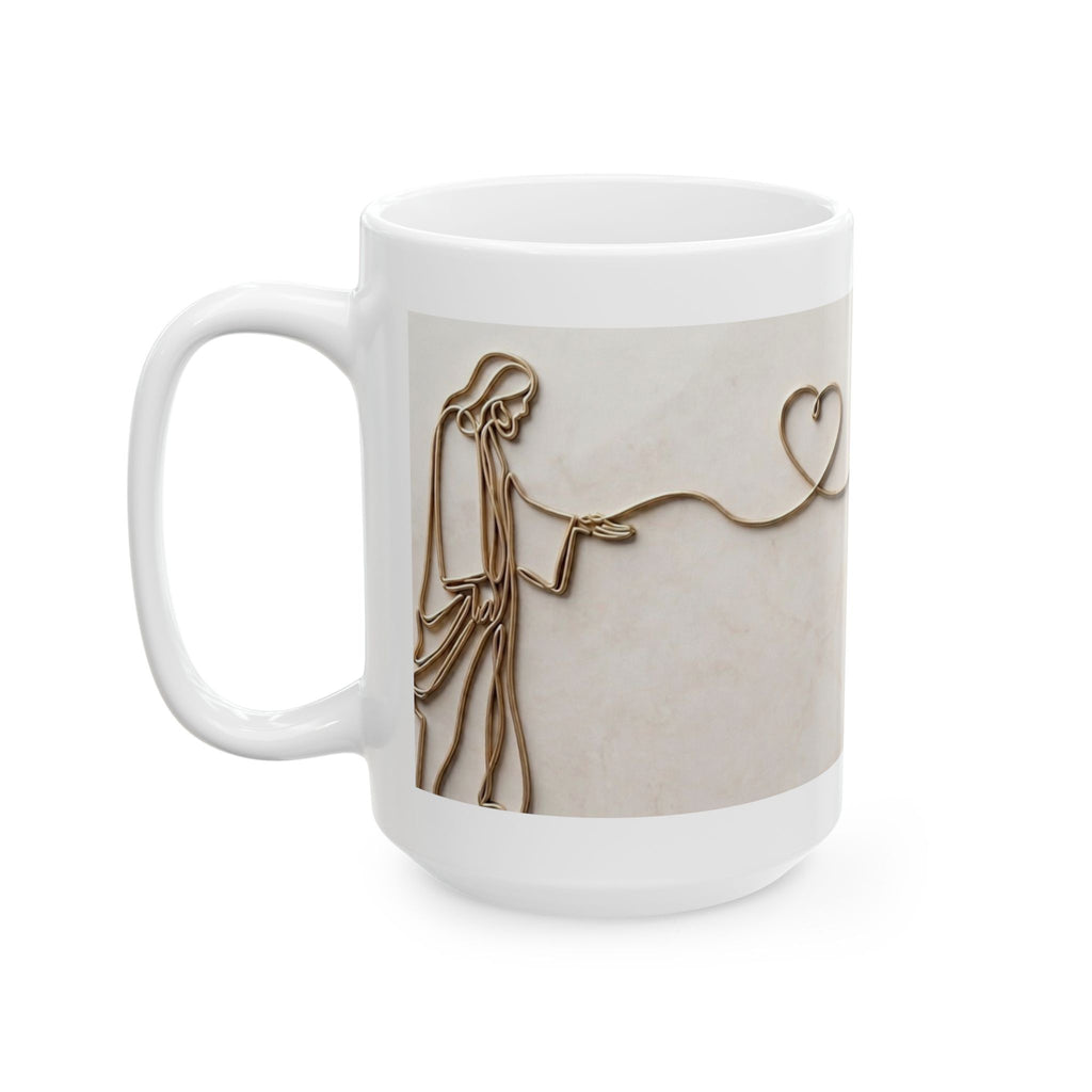 Wire Heart Line Art Ceramic Mug | Blue Floral Accent
