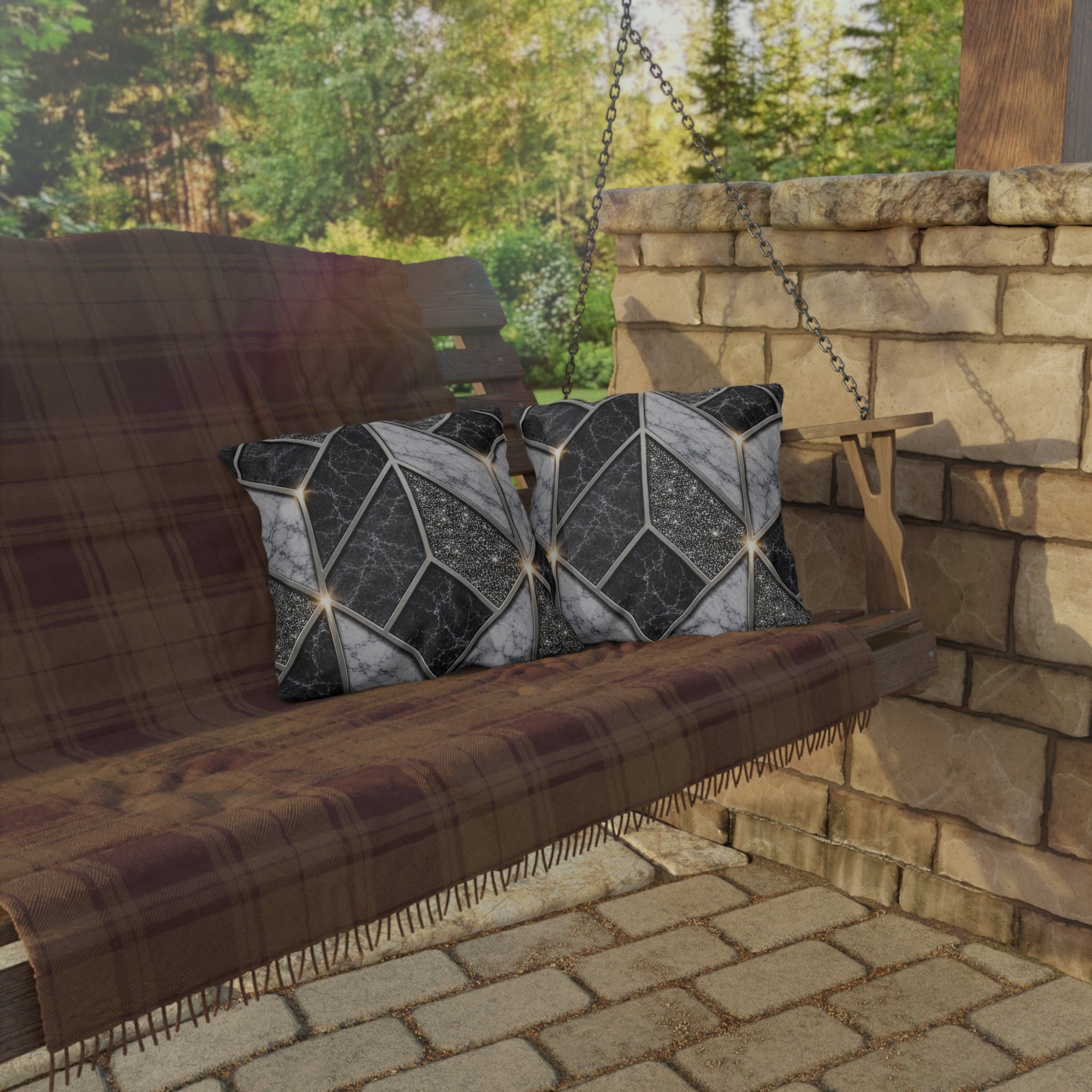 Geometric Marble Outdoor Pillow — Gray Stone Mosaic Accent Cushion