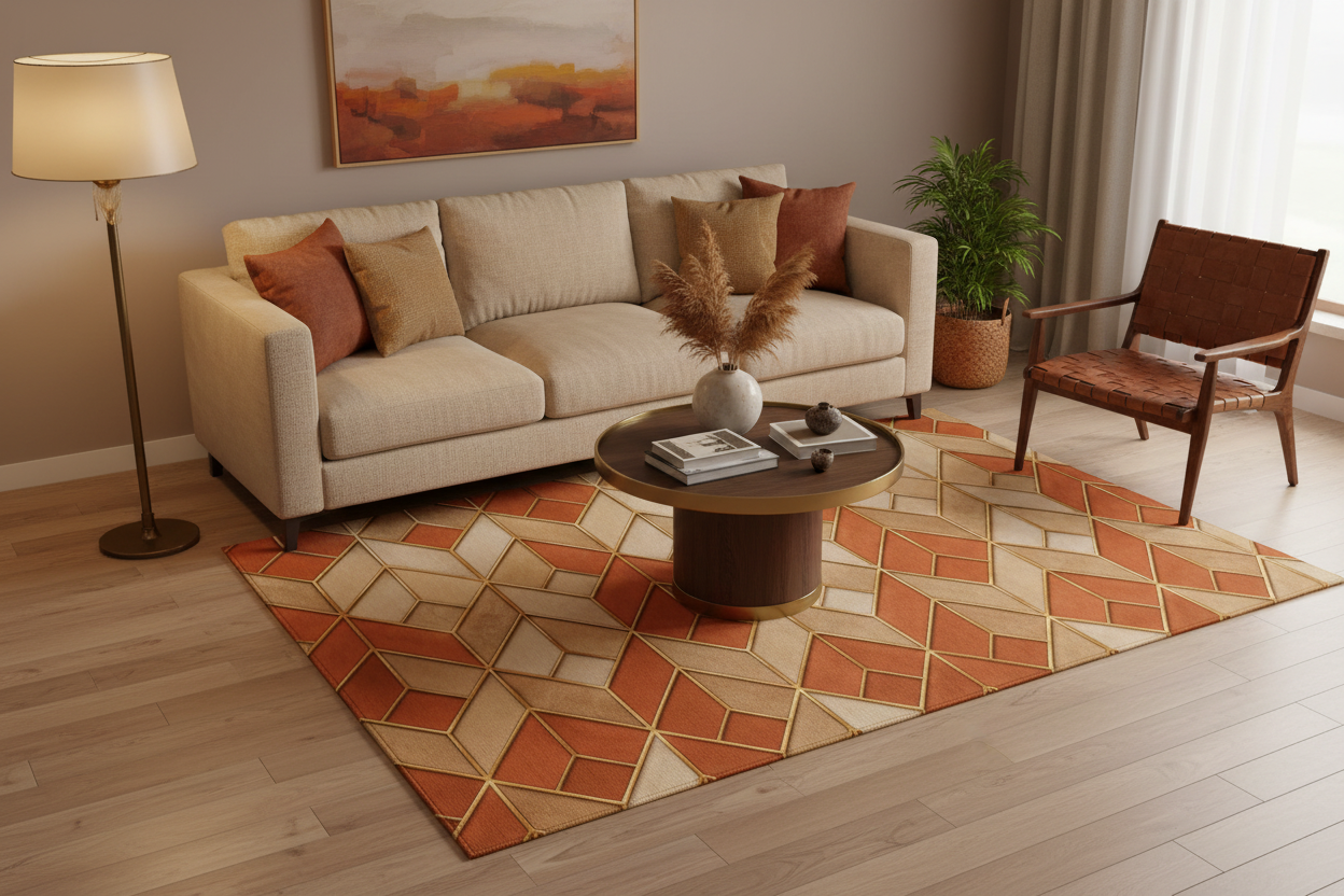 Geometric Terracotta Washable Rug — Retro Chevron Pattern